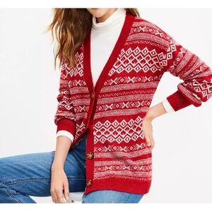 Loft Sweater Sz Large Button Cardigan Red White Knit Preppy Soft